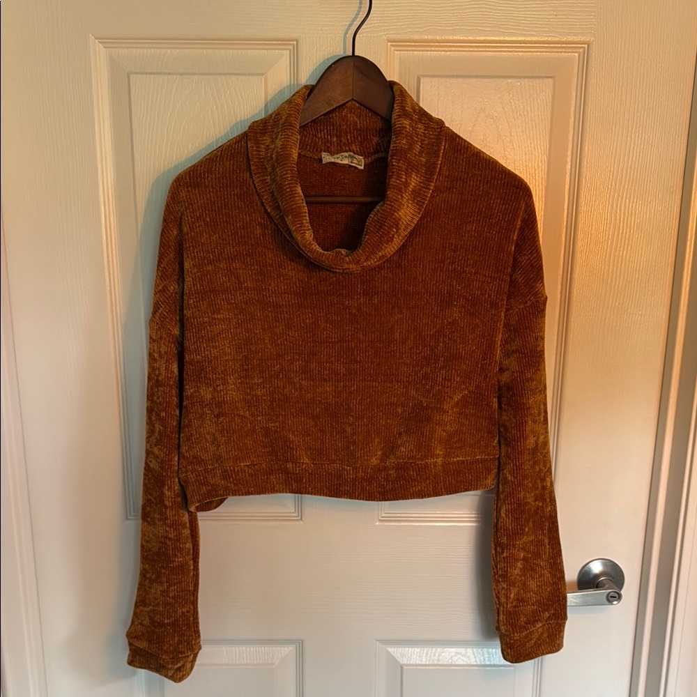 Bear Dance Brown Cowl Neck Cropped Sweater